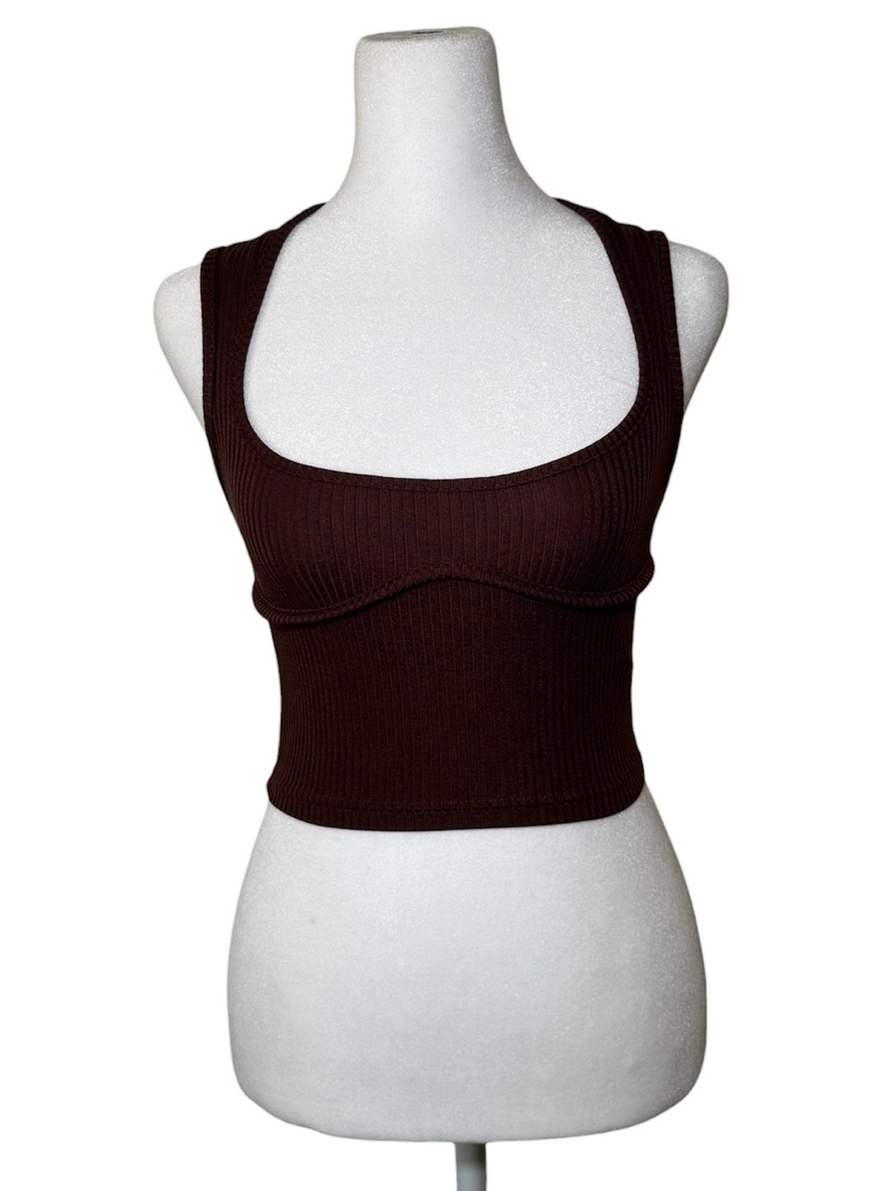 Brown Ribbed Scoop Neck Bustier Crop Top
